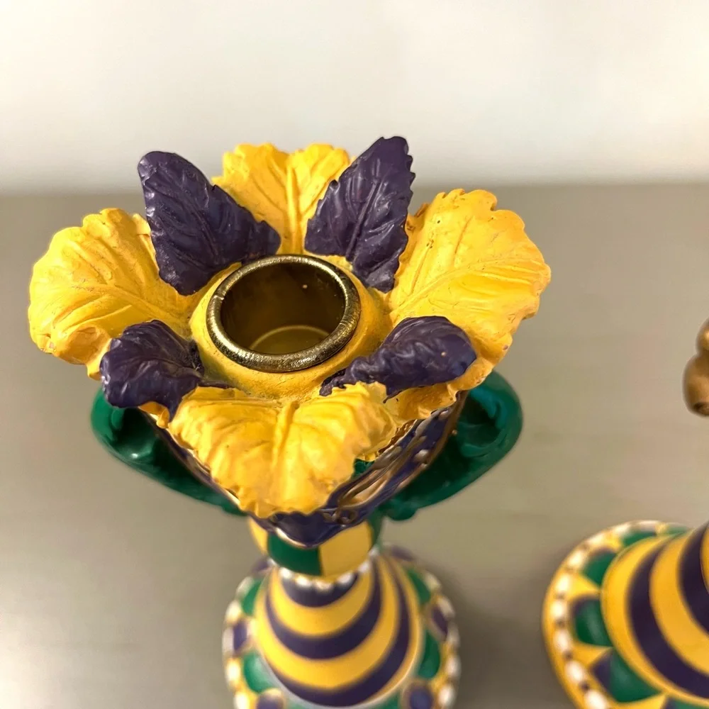 Vintage Mardi Gras Candle Holders Colorful Whimsical Set of 2 Resin Candlesticks